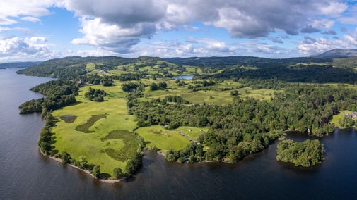 An aerial view of Low Wray Campsite from Windermere, Cumbria